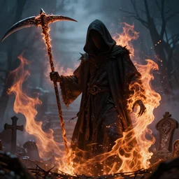 a black hooded faceless monster in hells graveyard, holding a scythe, reaper, amazing fire art, ray tracing, realistic fire sharp focus, long shot, 8 k resolution, cinematic