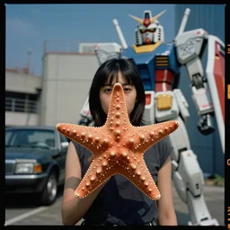 Kodak portra 160, 8K, highly detailed, portrait, starfish pose: famous gundam in low budget movie remake, car shase scene