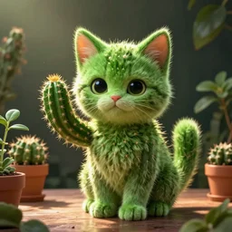 surreal, cute kitten green face, green kitten with spikes, shaped as cactus cactus shaped as kitten, half kitten half cactus, in a pot, on the table, herbology, hd photography, coherent, intricate, radiant light