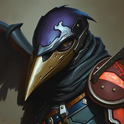 dnd kenku samus. epic dungeons and dragons armored raven character. oil on canvas featured by keith parkinson 1 9 8 5. cinematic, bending to track. composition. realistic facial features and expression. metroid