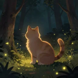 a cat in a forest at night with fireflies, backlighting, trending on artstation, furry art, by kawacy, warm lighting, digital art