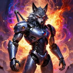 portrait of a anthropomorphic evil werewolf robot with human characteristics, digital art, epic composition, fantasy, explosion of color, highly detailed, in the style of jake parker, in the style of conrad roset, swirly vibrant colors, sharp focus