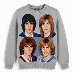 a knitted jumper featuring the faces of the four members of the band abba