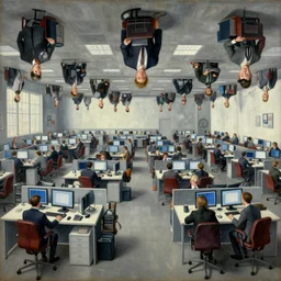 a painting of a vast office in hell, businesspeople sitting in front of computers upside down,, highly detailed, 4 k, art by max ernst