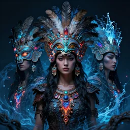 3 d mexican goddess medium shot portrait. beautiful intricate highly detailed quetzalcoatl mask and feathers. low - key lighting, bioluminescent, plasma, lava, ice, water, wind, creature, artwork by tooth wu and wlop and beeple and lee jeffries, 8 k trending on artstation,