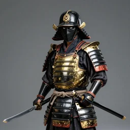 a samourai wearing black and gold armor holding an katana - C 25