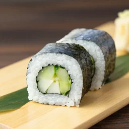a joyful whole fish in a sushi roll with cucumber and wasabi