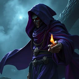 wide shot, acolyte sorcerer, ( ( ( in a purple magician robe ) ) ), with a mask, dark fantasy matte painting by alex horley, trending on artstation