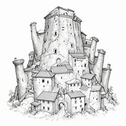 concept art of looming crooked ancient town, artstation, ink, line art, black white, hills, waterfall, river, dominating palace with white walls on top of the hill center