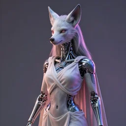 portrait of a draped werewolf priestess with delicate biomechanical components. studio photography, 3 d render, 4 k, rimlight, complementary colors.