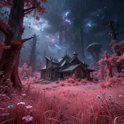 building by ivan aivazovsky, forest flowers meadow tron universe infrared scumm bar wilderness cosmic rainforest junglepunk azeroth tokyo darkacademia alien apocalyptic nightsky reclaimed by nature at dawn futuristic liberty city at dusk heavy rain fisheye, archdaily, wallpaper, highly detailed, trending on artstation.