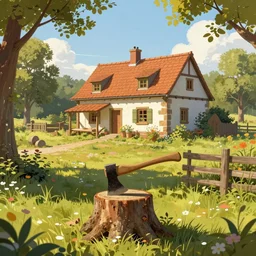 idyllic beautiful medieval cottage farmstead landscape on warm summer day, axe resting against tree stump in foreground, trending on artstation, digital art ( by tomasz jedruszek ) ( by senfeng chen ) ( by lorenzo lanfranconi )