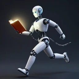 running robotic humanoid holding glowing book and chains