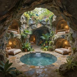 painting of an interior of a hidden circular living complex carved inside a mountain, small hot spring and lush garden outside, other bedrooms can be seen, natural light, fantasy, natural light, concept art, by greg rutkowski and craig mullins, cozy atmospheric and cinematic lighting, trending on artstation