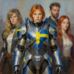 portrait of swedish girl wearing power armor. intricate painting by ross tran, magali villeneuve, and jeremy mann. the armor is decorated with the swedish flag