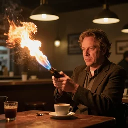 larry david in a coffee shop with a flamethrower, photograph, cinematic, dramatic lighting