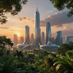 amazing landscape photo of a futuristic city surrounded by trees and plants in sunset by marc adamus, beautiful dramatic lighting, futuristic
