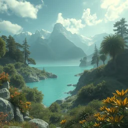 a brutalist style artwork of a paradise garden, a land of the dead, divine, hazy, volumetric lighting, snowy summits in the background, vast turquoise lake, lush flora, empty, spacetime bending, very detailed, serene, gold accents, washed out colors, beautiful artwork, master level composition, raytracing