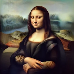 a portrait of a brunette italian woman painted in 1 5 0 0 italian renaissance chiaroscuro sfumato style. the background is a landscape of rolling hills and mountains. the sky is a light blue, and there are small clouds in the distance. the woman in the painting is shown seated outdoors with her hands folded in her lap. she is wearing a simple dress with a pattern of flowers. brunette. her black slightly curly long hair is pulled back from her face and she has a small, faint smile.
