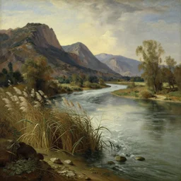 big river, stream, left mountains, reed, rush, rhine, classical painting, oil painting, naturalism, realistic lighting
