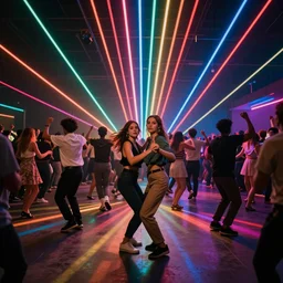 friends dancing facing / looking the camera, crowd in the back, neon lines, colorful, surrealism style