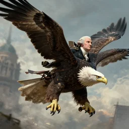 epic action portrait of george washington soaring on backs of a giant bald eagle by greg rutkowski, fantasy