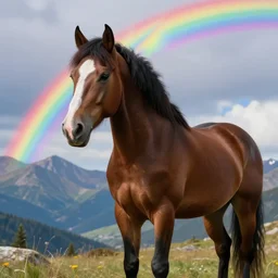 a beautiful portrait of a horse on the mountains with a rainbow, fantasy, art by greg rutkowski, lgtb, high detailed