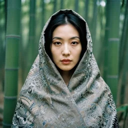 closeup portrait of a woman wrapped in brocatelle damask, standing in bamboo forest in japan, color photograph, by john currin, canon eos c 3 0 0, ƒ 1. 8, 3 5 mm, 8 k, medium - format print