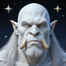 centralized head - on character portrait, white - skin handsome orc barbarian, bald, tusks, stars and night background, alphonse mucha, rhads, ross tran, artstation, artgerm, octane render, 1 6 k