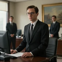 detailed cinematic wide shot of sucession cousin greg black suit with glasses smooth, sharp focus, ultra realistic, in corporate office spring light, painting by gaston bussiere, craig mullins, j. c. leyendecker