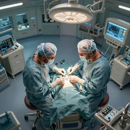 high angle shot, birds eye view, hyperdetailed masterpiece concept art of two orcs surgeons doing an operation at an ICU room of an advanced hospital, 4k Detailed Matte Illustration trending on ArtStation