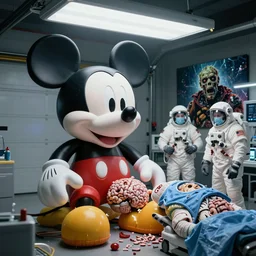 brain surgery in garage, huge float mickey mouse decaying!! in claw center left, mechanic surgeon astronauts, beeple movie still, zombie