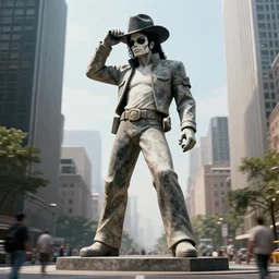 massive 3 d stone statue of michael jackson wearing hat billie jean pose in a city full wide big shot, full body, massive motion blur, real life, spotted, leaked, ultra realistic, accurate, 4 k, movie still, uhd, sharp, detailed, cinematic, render, modern