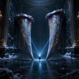 up close shot of two vampire fangs, winter, dark scenery, dark lighting, cinematic, cold freezing nights, laser lights, crybernetic, top floor boss shit, destroy lonely, black floor, lavish, luxurious, marble walls, cinematic, hyper realism, high detail, octane render, 8 k