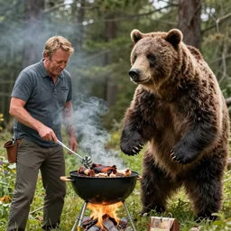 Bear Grylls barbecuing with a grizzly bear, BBQ, award winning photo, concept art