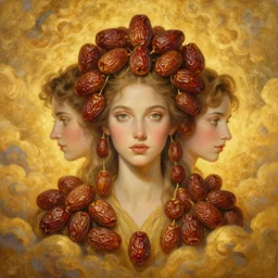 epic painting portrait photography beautiful goddess with golden glow background, drawing, intricate, sweet dried date fruits, symmetrical front, by amy leibowitz, wlop, jeremy lipkin, beeple, intricate, artgerm, ilya kuvshinov, golden clouds background, centered