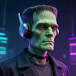 Frankenstein wearing a cyberpunk headset, rendered by Beeple, synthwave style, character concept, digital art, unreal engine, WLOP, trending on artstation, 4K UHD image,