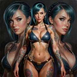 gorgeous!! hyper - realistic giant woman resembling bulma + felicia from darkstalkers, tattoos | drawn by artgerm, drawn by wlop, drawn by jeehyung lee | intricate, high detail, ultra graphics, photorealistic, symmetrical, cinematic, smooth, sharp focus, character design, expressive, cute, beautiful!! full body, concept art
