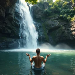 man meditating under a waterfall from heaven, photoshoot, refreshing, by henry buhl, tim booth