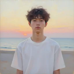 an influencer teen guy portrait, sunset, ocean in distance, oil painting, pale colors, high detail, 8 k, wide angle, trending on artstation,