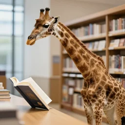 giraffe, reading book in, library side shot, by shunji dodo, 8 k resolution, high quality