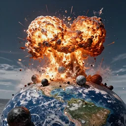 fashion editorial of asteroids crashing on earth. gigantic explosions. wide angle shot. highly detailed. depth of field. high definition. 8k. photography.