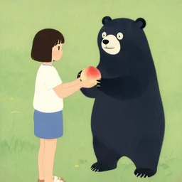 a girl with a peach in her hands stands beside an anthropomorphic black bear, offering the peach to the bear. in the style of foujita tsuguharu