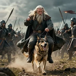 gandalf riding upon a dog into battle, cinematic, 4 k, epic lighting