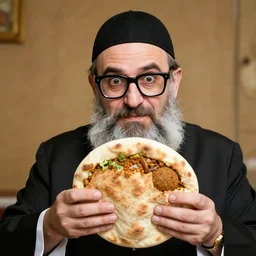 a funny looking rabbi with thick glasses holding a big pita with falafel