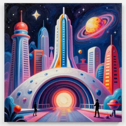 an extremely high quality hd surrealism painting of a 3d galactic neon complimentary-colored cartoon surrealism melting optically illusiony high-contrast zaha hadid futuristic cityscape entrance by kandsky and salvia dali the second, salvador dali's much much much much more talented painter cousin, clear shapes, 8k, realistic shading, ultra realistic, super realistic