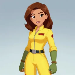 beautiful brown hair female reporter in a yellow jumpsuit character april o ’ neil from animated series teenage mutant ninja turtles ( tmnt 1 9 8 7 ), by in the style of comics, by boris valejo and frank franzetta, trending on art station