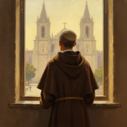 symmetry!! oil painting of a tonsured dominican monk in a brown habit, looking out of a monastery window contemplatively, a majestic cathedral in the hazy background, digital art, artstation, cinematic, golden hour, cozy atmosphere, cinematic lighting, digital art painting by greg rutkowski