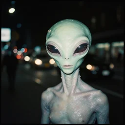 analog medium format film blurry street night flash photography close up strange extraterrestrial alien portrait in new york, 1 9 6 0 s hasselblad film street photography, featured on unsplash, vintage expired colour film photograph