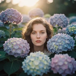 An vintage analog head and shoulder frontal face portrait photography of a woman surrounded by various multiple giant oversized Hydrangea by Maxim Nikolaev. Kodak Portra 800 film. (Depth of field). whirl bokeh!!. Golden hour. detailed. hq. realistic. warm light. muted colors. Moody. Filmic. Dreamy. lens flare. Mamiya 7ii, f/1.2, symmetrical balance, in-frame